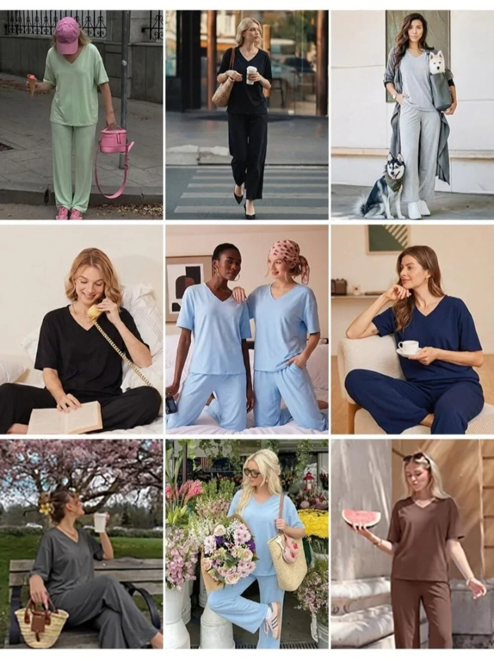 Women's Brown Cotton Short Sleeve Sleepwear Pant Pockets Pajama Set